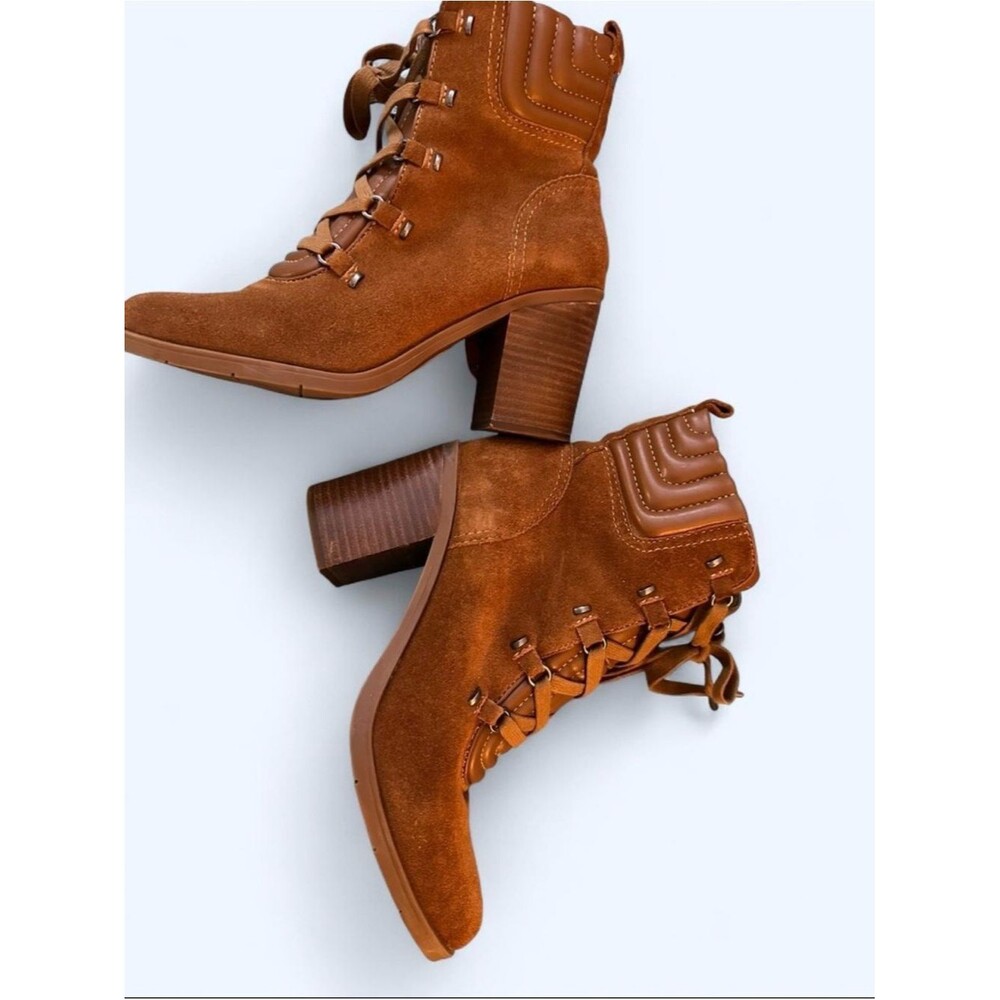 Suede Lace-Up Block Heel Ankle Boots in Tan